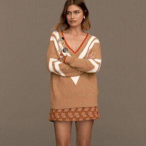 Maeve Anthropologie V Neck Sweater Small Tan Red Trim